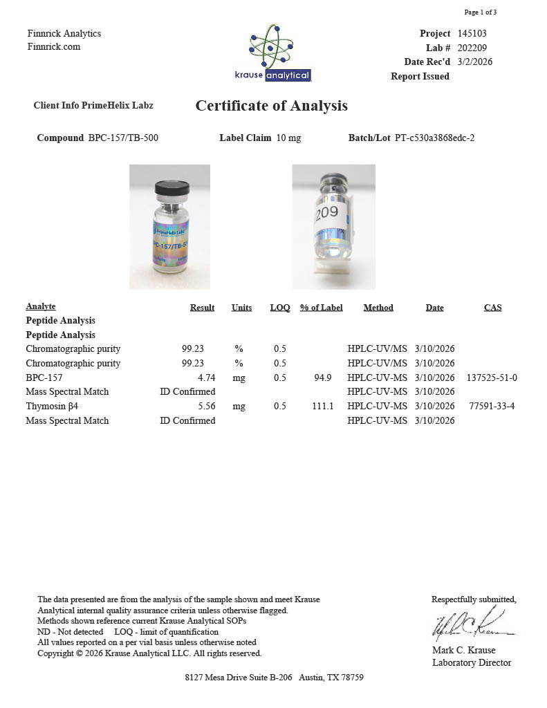 BPC-157/TB-500 5mg/5mg Certificate of Analysis
