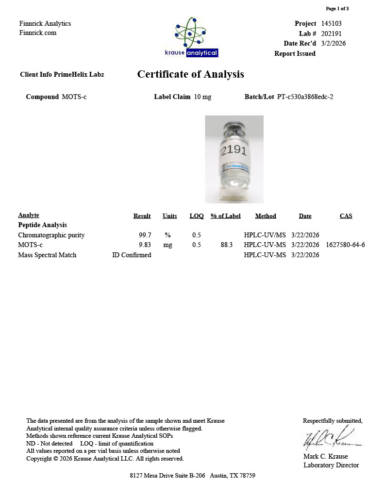MOTS-c 10mg Certificate of Analysis