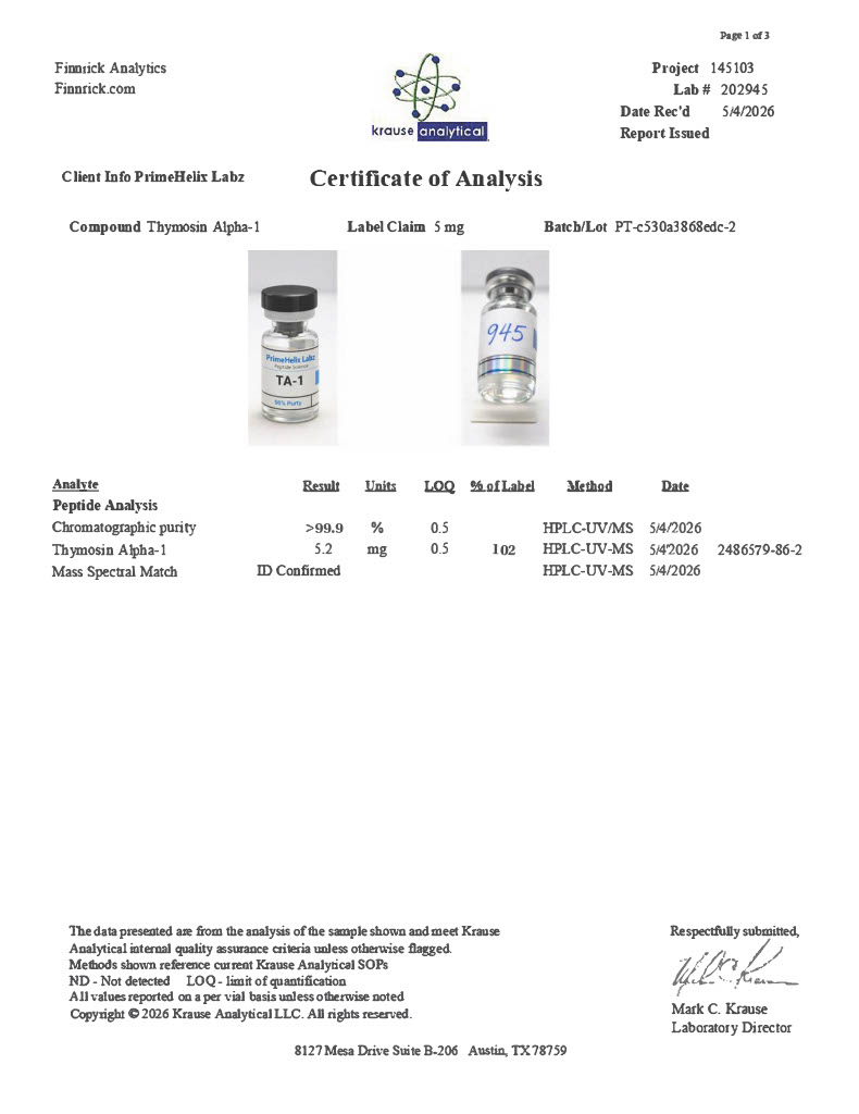 Thymosin Alpha-1 5mg Certificate of Analysis