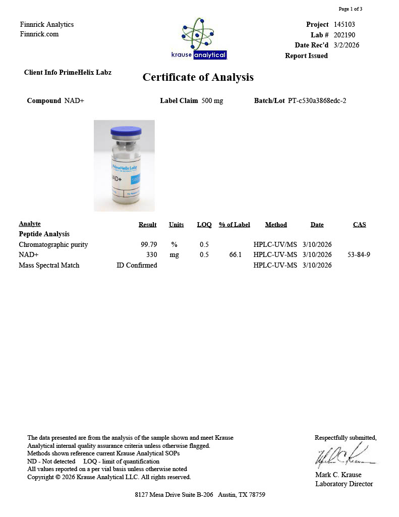 NAD+ 330mg (Under Dosed Sale) Certificate of Analysis
